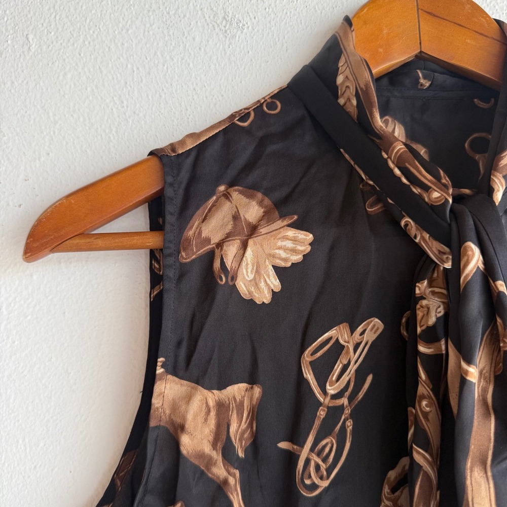 Lauren Ralph Lauren Black Silk Equestrian Horse Print Tie Neck Sleeveless Blouse